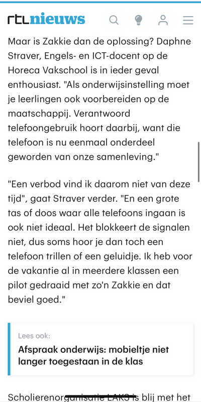 Fragment uit het RTL Nieuws-artikel met docent Daphne Straver