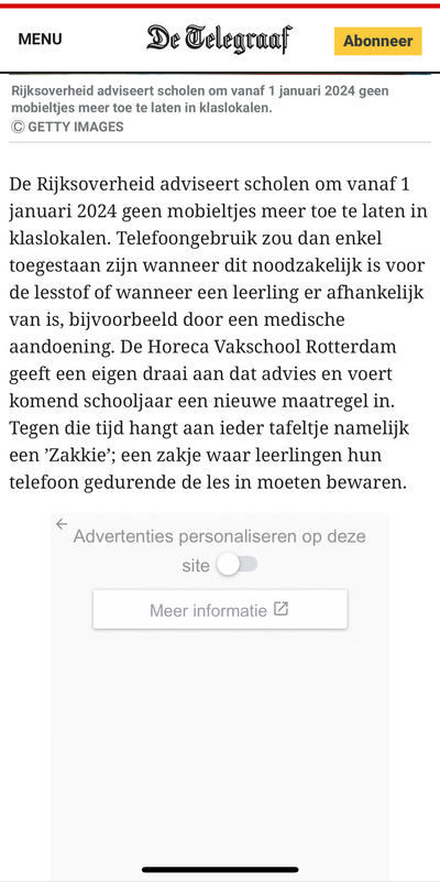Fragment uit het Telegraaf-artikel over het advies van de Rijksoverheid