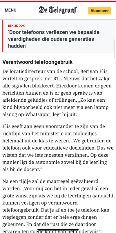 Fragment uit het Telegraaf-artikel over verantwoord telefoongebruik