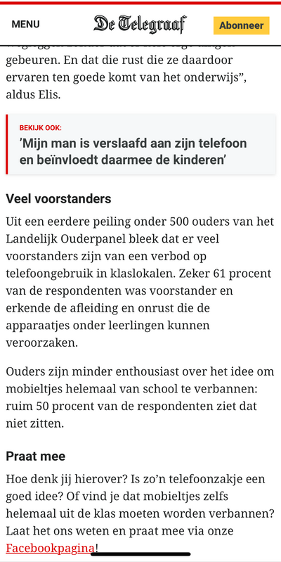 Fragment uit het Telegraaf-artikel met een peiling onder ouders