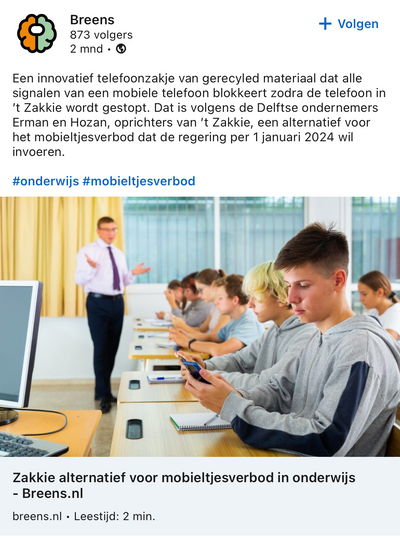 Bericht van Breens over t Zakkie als alternatief voor een mobieltjesverbod