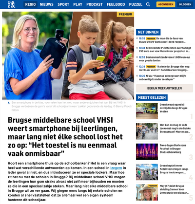 KW artikel over smartphonebeleid op middelbare school VHSI in Brugge