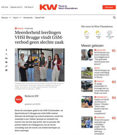 KW artikel: meerderheid leerlingen VHSI Brugge vindt gsm-verbod geen slechte zaak