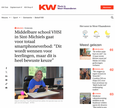 KW artikel over totaal smartphoneverbod bij VHSI Sint-Michiels