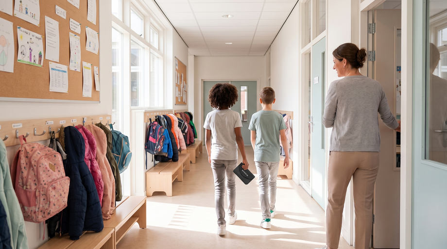 Twee kinderen lopen door de gang van een basisschool, een van hen met een ’t Zakkie telefoonzakje in de hand
