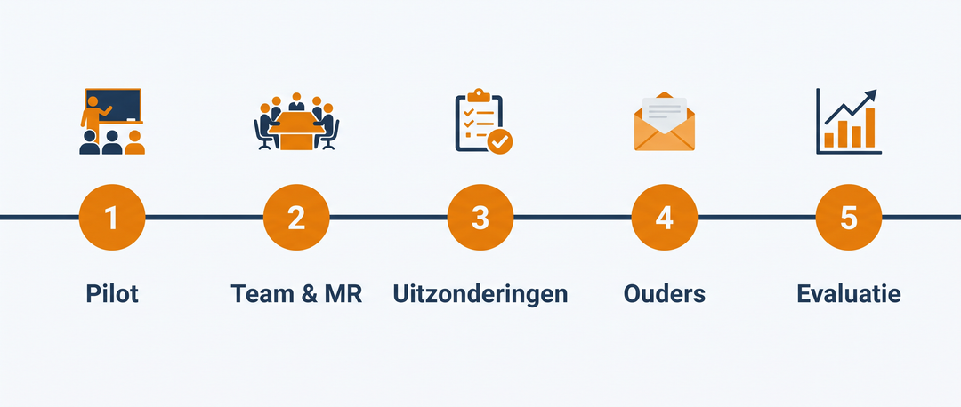 Tijdlijn van de invoering in vijf stappen: pilot, team en MR, uitzonderingen, ouders, evaluatie