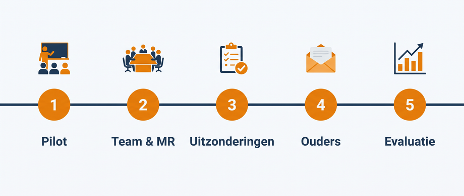 Tijdlijn van de invoering in vijf stappen: pilot, team en MR, uitzonderingen, ouders, evaluatie
