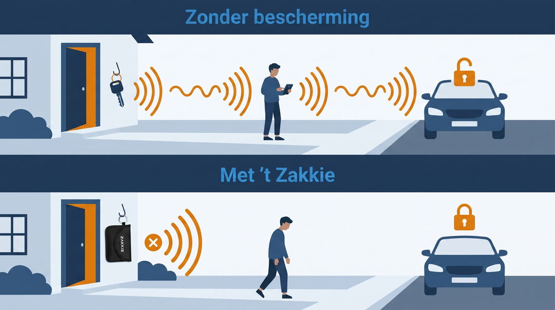 Diagram van een relay-aanval op een keyless autosleutel: zonder bescherming wordt het sleutelsignaal versterkt en gaat de auto open, met ’t Zakkie stopt het signaal bij het zakje en blijft de auto op slot
