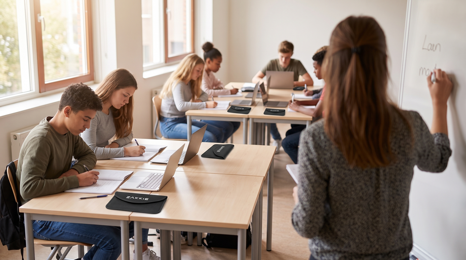 Leerlingen werken geconcentreerd in een klaslokaal met op elke tafel een ’t Zakkie telefoonzakje