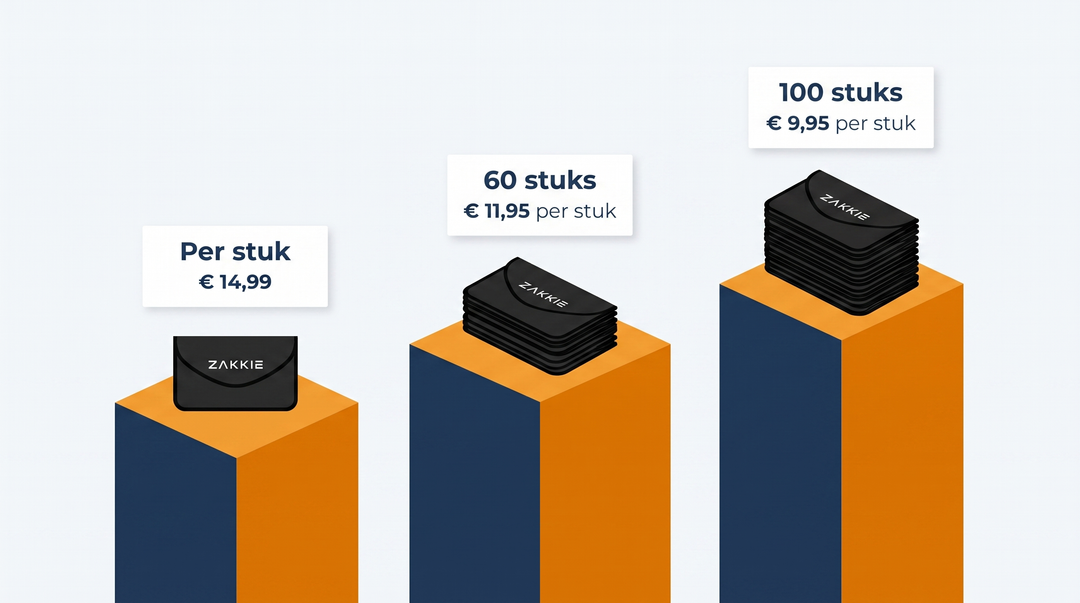 Staffelprijzen van ’t Zakkie: per stuk € 14,99, bij 60 stuks € 11,95 per stuk, bij 100 stuks € 9,95 per stuk