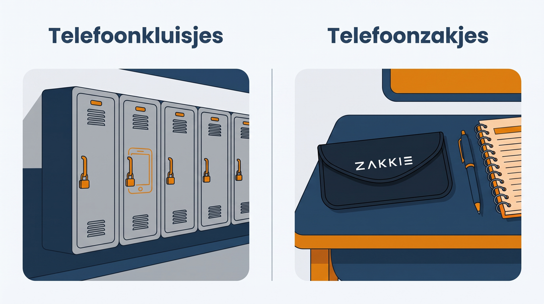 Telefoonkluisjes aan een schoolmuur naast een ’t Zakkie telefoonzakje op een schooltafel